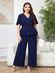 SHEIN Clasi Plus Size Women's 2 Piece Set,Navy Blue Summer Elegant Formal Work Outfits,V-Neck Short Sleeve Top And Pants With Pockets,Solid Outfit Sets - Navy Blue - View 5