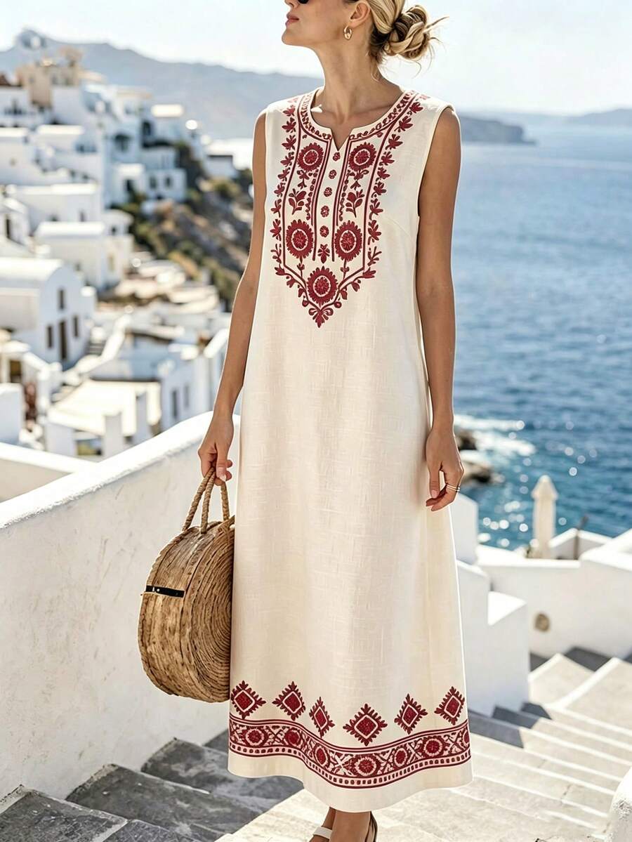 Breezaya Robe imprimée florale à encolure en V et découpe pour femmes, à la mode pour les vacances à la plage - Nude - Voir 1