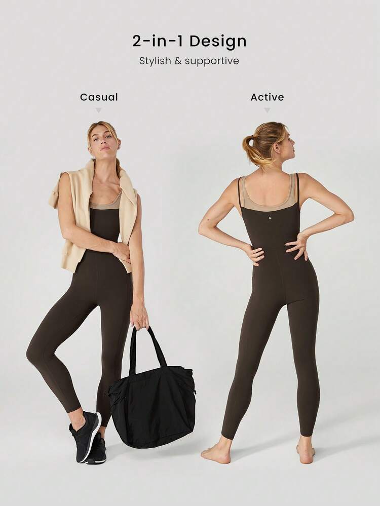 26'' FeatherFit™ 2 In 1 Contrast Strap Jumpsuit With Side Pockets Low Impact Yoga Pilates Daily Removable Cups
