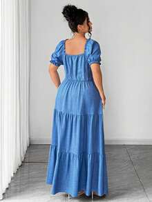 SHEIN Elenzya 大码褶皱纹理面料圆领肩部褶裥荷叶边腰部喇叭下摆中长连衣裙，优雅适合外出、派对、下午茶、度假等场合。 - 藍色 - 查看 2