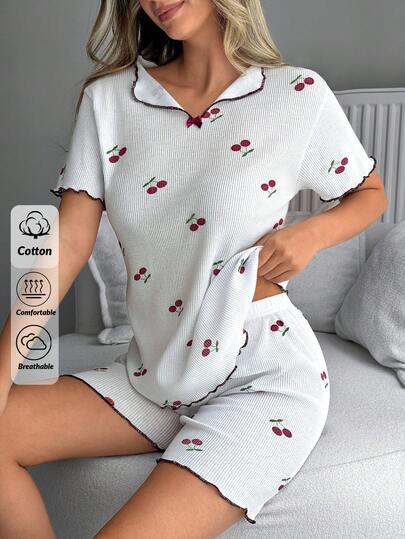 SHEIN Cottonline Rib Knit Cherry Fruit Pattern Bow Ribbon Detail Contrast Lettuce Edge Trim Short Sleeve Sleep Tee + Sleep Short Bottoms Strechy Comfort Casual Sleep Lounge Pajama Set