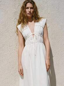 Maija 女士休闲纯色系带长连衣裙，夏季 - 白色 - 查看 7