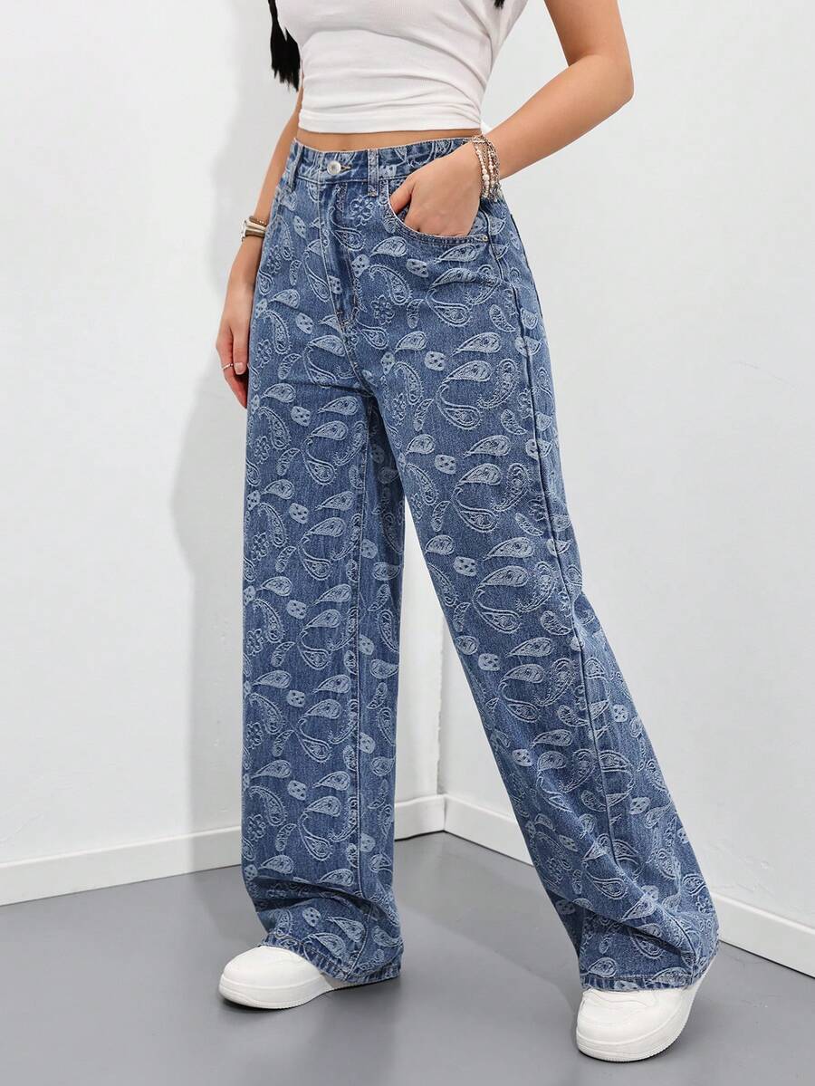 Jeanoix Quần jeans ống rộng dáng rộng thoải mái in họa tiết hạt điều dành cho nữ, có túi. - Màu xanh lam - Xem 1
