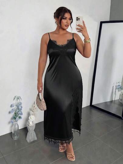 Firerie Đầm hai dây dáng rộng dành cho nữ, phối ren, xẻ tà, thích hợp cho hẹn hò hoặc đi chơi.