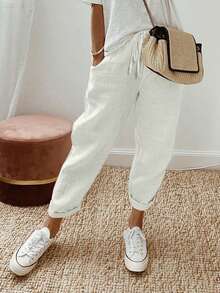 Breezaya Women's Drawstring Waist Simple And Casual Pants With Slanted Pockets - White - View 7