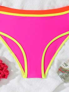 SHEIN 3-Color(Pink, Yellow, Orange)Patchwork Trim Casual Sports Style Tween Girls Swimwear Set, Suitable For Summer, Beach, Vacation, Swimming, Party - Multicolor - View 5