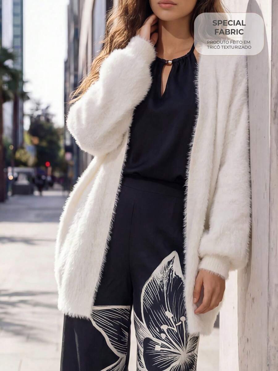 CAJUNI Women's Casual Commuting Minimalist Versatile White Dropped Shoulder Loose Cardigan, Autumn/Winter - White - View 1