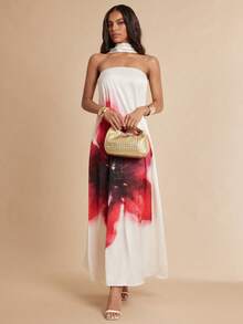 Silquee Đầm dài không dây đeo vai, in kỹ thuật số, chất liệu giống satin, thích hợp cho mùa hè. - Nhiều màu - Xem 4