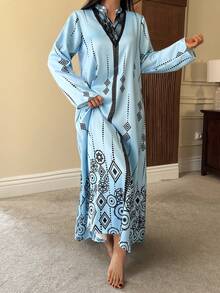 DAZY Geometric Pattern Allover Print Satin & Lace Patchwork Loose Robe For Women Pajamas - Blue - View 6