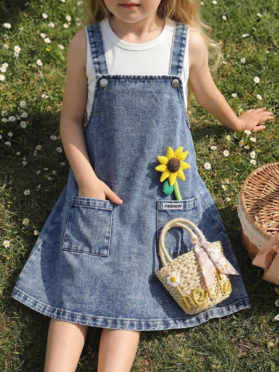 Elladie kids Young Girls' Denim-Effect 2-Piece Set, Ribbed Tank Top And Adjustable Denim Pinafore Dress With Sunflower Decor, Summer, Matching, Family Vacation - Blue - View 1