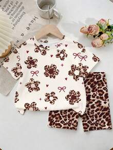 2件套，适合4-7岁女童，豹纹花卉蝴蝶结印花撞色圆领短袖上衣+豹纹短裤，时尚休闲套装，适合日常穿着、上学、生日派对、儿童节、春夏秋季。 - 彩色 - 查看 4