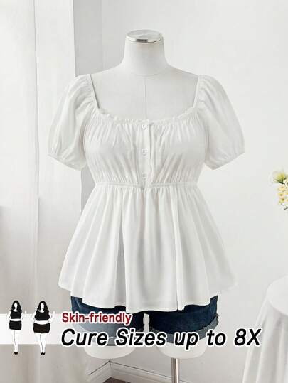 SHEIN CURVE+ Áo sơ mi nữ cỡ lớn màu trắng trơn phong cách đường phố mùa hè, tay ngắn, cài cúc đơn, cổ áo ren, kiểu dáng thường ngày, tay ngắn, thiết kế mở phía trước, áo sơ mi retro Mỹ gợi cảm, áo ngang eo, áo kiểu thường ngày, áo tay ngắn, áo kiểu sinh viên, thích hợp cho mùa xuân, hè, mùa tựu trường, mọi mùa.