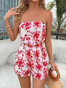Vivid Eden Women's Casual Elegant Romantic Vacation Printed Bandeau Jumpsuit, Spring/Summer Womens Summer Outfits Floral Playsuit Women Strapless Playsuit Womens Summer Playsuit Women Vacation Outfit,Summer Fresh Red White Floral Print Strapless Romper, Elastic Waist Slim Fit Wide Leg Short Jumpsuit, Vacation Off Shoulder Casual Playsuit, Beach Date Sweet Wear,Made Of Lightweight, Breathable Fabric, It's Ideal For Beach Trips, Daily Outings And Dates - Red and White - View 14