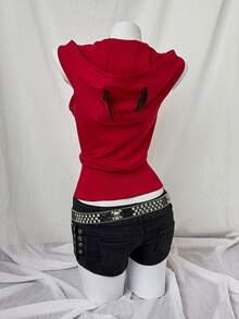 Sunspun Áo nỉ không tay ôm sát màu đen và đỏ có họa tiết sừng - Đỏ - Xem 2