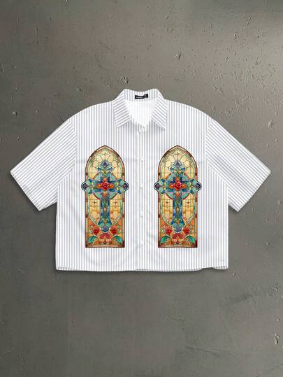 StoneGrade Cathedral Arch Stained Glass Colorblock Striped Fashion Allover Print Men's Standard Fit Cropped Loose Short Sleeve Shirt, Essential For Dates And Gatherings, Suitable As Gift For Boyfriend