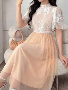 White Summer Elegant Bachelorette Party Wedding Girls' Princess Dress,Fitted Ruffle Hem Birthday Sibling Outfit,Formal Fashionable Retro Party Attire - Apricot - View 3
