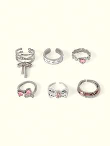 Popjeli 6pcs/Set Fashionable Pink Crystal Bow Heart Zirconia Rings, Y2K Shiny Zirconia Rings For Women And Girls, Party Jewelry - 6-piece Set - View 2