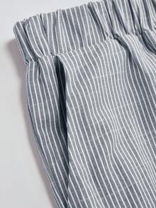 SHEIN LUNE CURVE 大码女式春夏亚麻条纹休闲舒适基础款条纹裤，日常/海滩穿着七分裤，带纽扣装饰 - 淺灰色 - 查看 7
