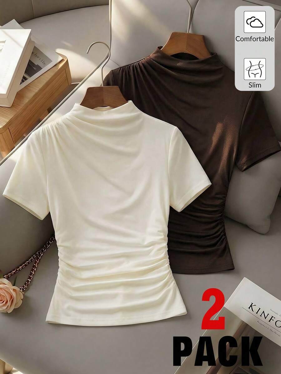 Girlism 2件/套 少女纯色荷叶边领短袖T恤 - 彩色 - 查看 1