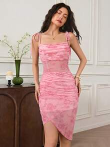 EastFlair Women's Fashion Pink Floral Print Ruched Asymmetrical Hem Spaghetti Strap Tie Waist Dress, Seductive Elegant Summer Party Cocktail Travel - Pink - View 5