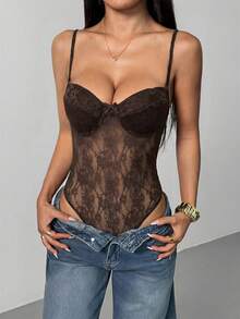 SHEIN PETITE Sexig bodysuit i mesh med lapptäcke och spets för kvinnor - Brun - Visa 3