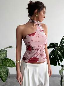 SHEIN Raffinéa Blusa sin mangas con cuello halter y estampado floral con cintas para mujer - Rosa vieja - Ver 4
