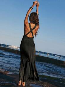 Opulessa Solid Color V-Neck Off-Shoulder Elegant Dress For Women, Suitable For Spring/Summer Vacation - Black - View 4