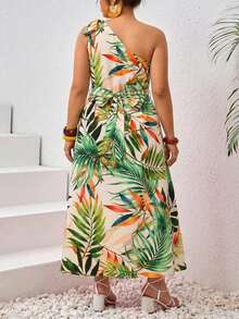 SHEIN VCAY 大码女式热带植物印花无袖系带连衣裙，休闲度假款 - 綠色 - 查看 2