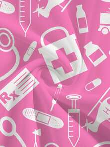 PopScrub Women's Pink V-Neck Short Sleeve Blouse,Cute Cartoon Tool Print,Functional Dual Pockets,Nurse Doctor Veterinary Uniform,Work Schoolgirl Lab Coat - Pink - View 4