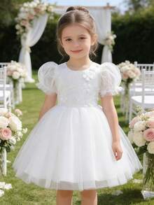 Glamorique Kids 女童花卉刺繡花瓣袖薄紗派對新娘花童禮服，優雅A字版花童禮服適用於生日、聚會，四季皆宜，兒童聖餐禮服、白色兒童禮服、花童公主裙、伴娘禮服、小新娘禮服、兒童茶會禮服、兒童聖餐舞會禮服、畢業禮服、夏季婚禮花童禮服 - 白色 - 查看 8