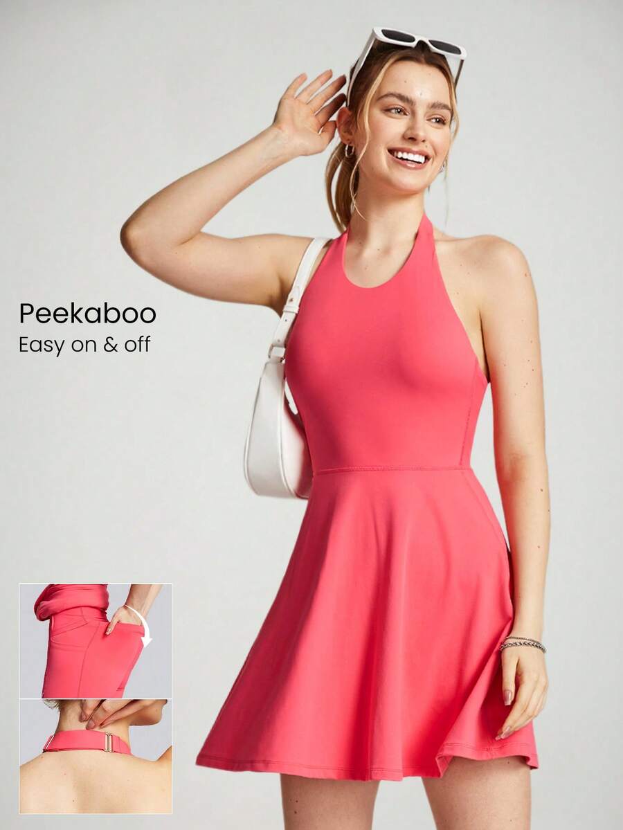 GLOWMODE FeatherFit™-Air Peekaboo Halter-Neck Dress Adjustable Non-Slip Pocket Low Impact Light Support Daily Casual Summer Quick Dry Moisture Wicking - Coral Pink - View 1