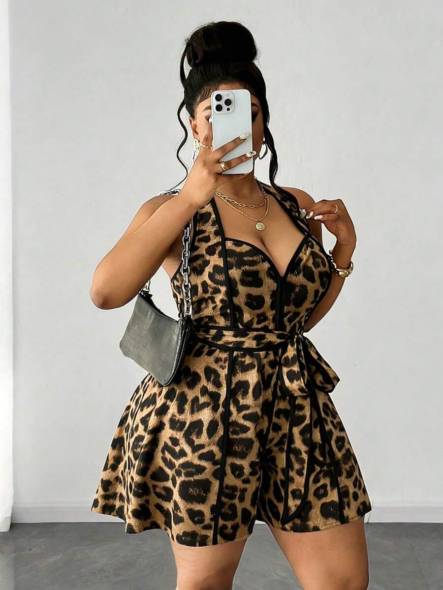 Maweii Rompi Seksi Motif Leopard untuk Wanita Ukuran Besar dengan Tali Pinggang Halter - Coklat - View 1