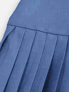 Firerie Kids Tween Girl Solid Color Round Neck Pleated Casual Minimalist Outfit, Suitable For Parties, Outings, Parks, Camping, Vacations, Daily Wear - Blue - View 4