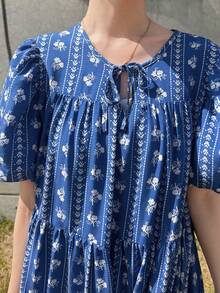 FRIFUL Women's Round Neck All-Over Ditsy Floral Layered Patchwork Vacation Style Dress Boho Sun Dresses For Women Summer Beach White And Blue Floral - Blue - View 6
