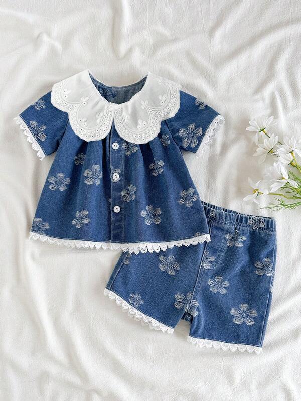 SHEIN סט של 2 חולצת קיץ קצרה עם צווארון רקום לבנה לתינוקות בנות בשילוב מכנסיים קצרים, תלבושת שני חלקים נינוחה לטיולים וחופשות