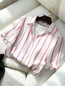 Plus Size Women Striped Short Sleeve Single-Breasted Casual Shirt - Multicolor - View 1