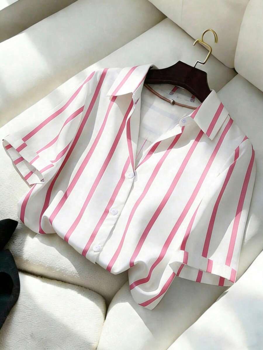 Plus Size Women Striped Short Sleeve Single-Breasted Casual Shirt - Multicolor - View 1