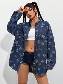 EMERY ROSE Women's Floral Print Drop Shoulder Long Sleeve Utility Pocket Loose Casual Denim Jacket - Blue - View 1