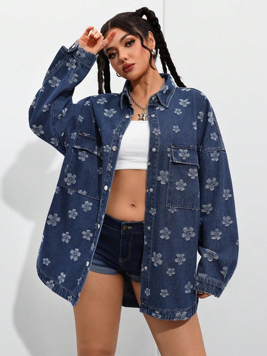 EMERY ROSE Women's Floral Print Drop Shoulder Long Sleeve Utility Pocket Loose Casual Denim Jacket - Blue - View 1