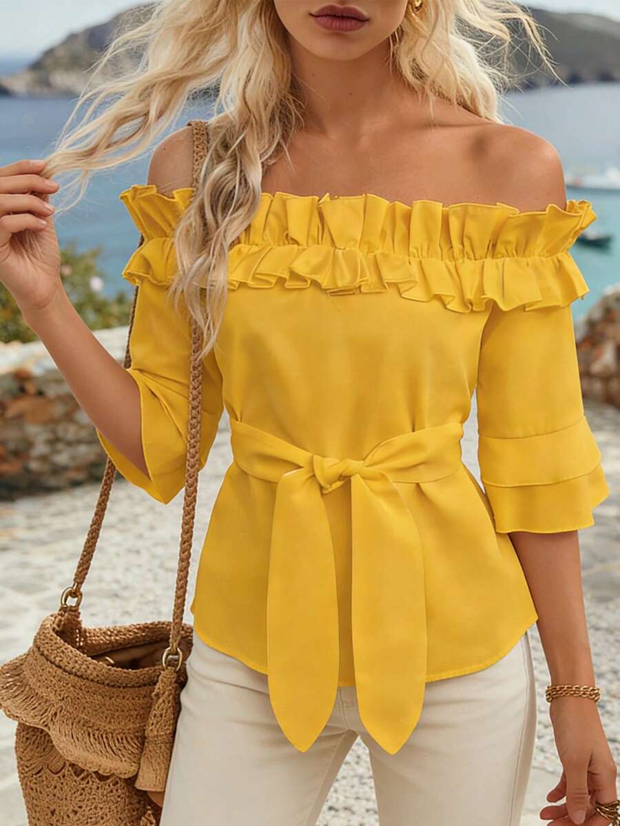 EMERY ROSE Blusa casual con hombros descubiertos y volantes para mujer - Amarillo - Ver 1