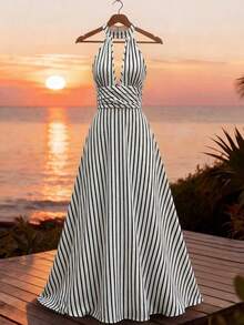 GlowEve Women's Striped Halter Casual Party Long Dress - Black and White - View 3