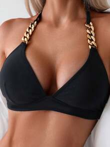 Swim Lushoire 夏季海滩女士纯色拼接比基尼套装带金属链吊带颈，两件套比基尼套装 - 黑色 - 查看 8