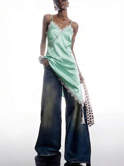 LYSMO 2026新款极简薄荷绿撞色蕾丝不对称下摆时尚吊带迷你连衣裙，春夏款