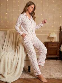 Conjunto de pijama con estampado de corazones y ribete de contraste - Rosa - Ver 2