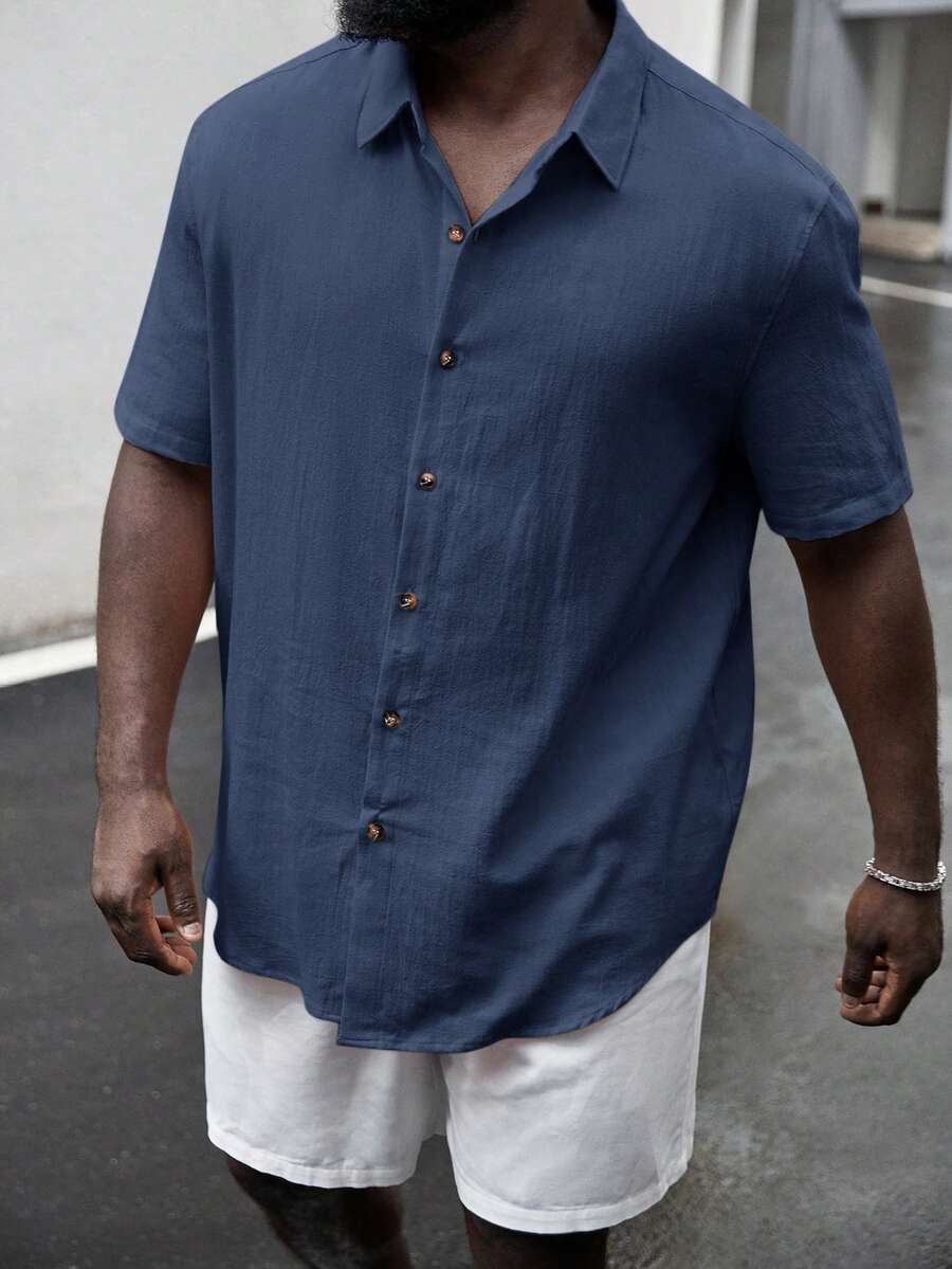 EASEVO 大尺碼男士素色單排扣休閒短袖襯衫,度假、父親節禮物 - 藍色 - 查看 1
