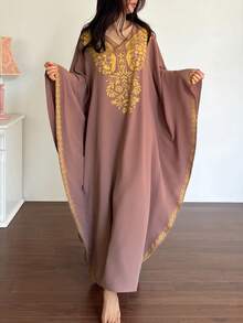 DAZY Robe ample à col en V et manches longues, robe de nuit pour femmes pour le printemps & l'été, pyjama - Tabac - Voir 5