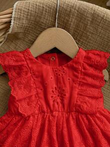Newborn Baby Girl Cute Vacation Casual White Embroidered Floral Ruffle Romper - Red - View 10