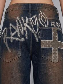 ROMWE Grunge Punk Y2K Baddie Chic Letter & Cross Embroidery Distressed Loose Wide Leg Low Waist Jeans For Women - Dark Wash - View 3