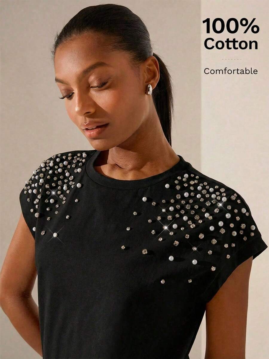 Lilora 女士优雅水钻装饰圆领短袖时尚T恤 - 黑色 - 查看 1