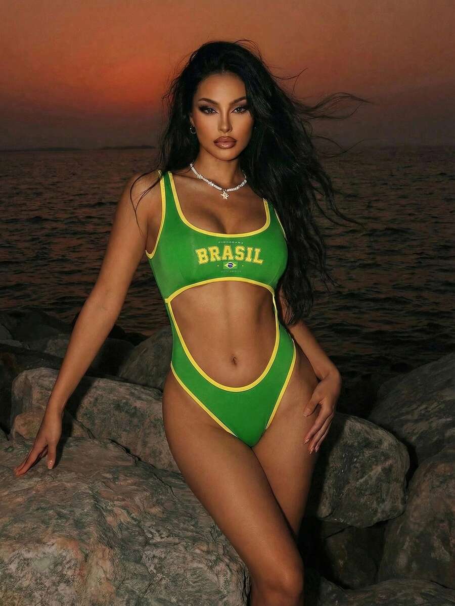 Swim Mod Women's One-Piece Swimsuit, Sexy Green Floral Print Beach Vacation Outfit, Spring/Summer - Green - View 1